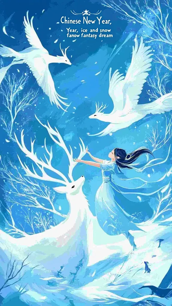The image depicts a whimsical winter scene, with a white deer with large antlers standing in a snowy landscape. A young woman in a blue gown reaches out to touch the deer. Two white birds soar in the sky,  and a frosty, blue landscape surrounds them. The image is titled "Chinese New Year, Year, ice and snow fanow fantasy dream", suggesting a magical and dreamlike quality.  The image evokes a sense of peace, serenity, and the beauty of a snowy winter.