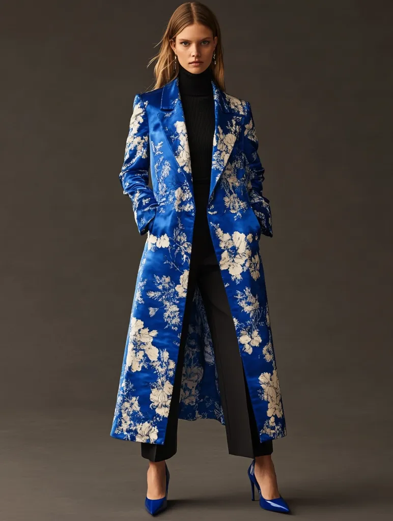 A woman stands in front of a grey background. She wears a long, blue, floral-patterned coat over a black turtleneck and black pants. Her shoes are royal blue and her hair is light brown. She is looking straight at the camera.  The image is well-lit and the composition is simple.  The model's posture is relaxed and confident.  The image is likely a fashion advertisement or editorial.  The overall tone of the image is sophisticated and elegant.