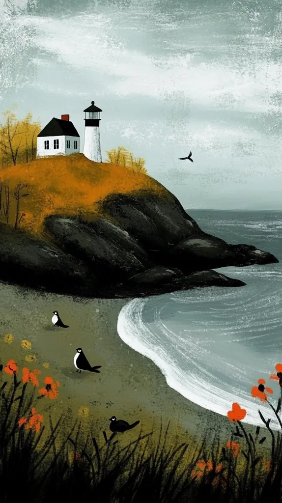 A white lighthouse stands tall on a grassy cliff overlooking a blue ocean. The sky is cloudy and gray. There are a few birds on the beach and some red flowers in the foreground. The painting is done in a stylized, almost cartoonish style.  The scene is peaceful and serene.