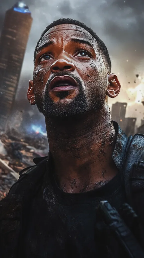 The image shows Will Smith, with a grimy face and a black t-shirt, looking up with a serious expression. He is covered in dirt and grime, suggesting he's been through a difficult situation. In the background, a tall building stands tall, partially obscured by smoke and debris. The scene evokes a sense of post-apocalyptic chaos and danger.