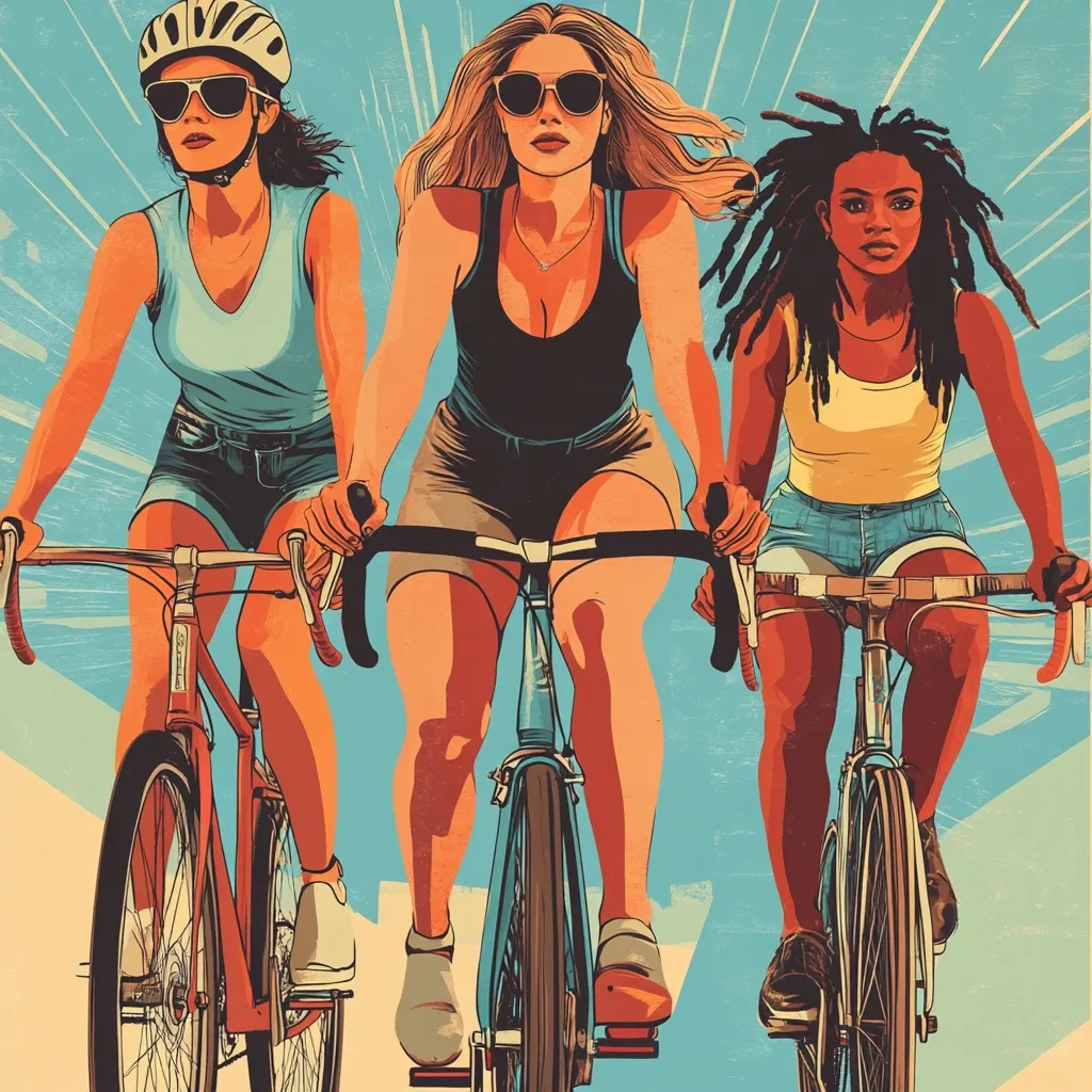 Three women are riding bicycles in a colorful and stylized illustration.  They are wearing sunglasses and casual attire, with the woman in the center sporting a tank top and denim shorts. The background is filled with dynamic lines and a faded blue and orange color scheme.  They look confident and ready for adventure.