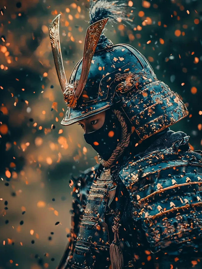 A samurai warrior, clad in ornate, dark armor with gold accents, stands amidst a flurry of golden sparks. The warrior's face is hidden behind a black mask, and their helmet features intricate details and a plume of feathers. The image evokes a sense of power, mystery, and ancient tradition.