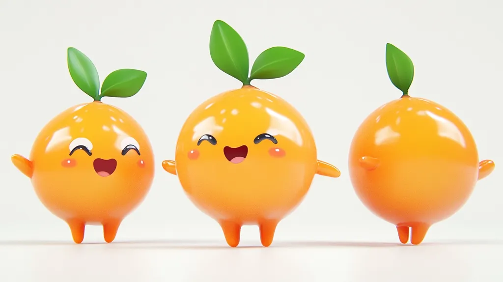 Three cartoon oranges with happy faces and green leaves on their heads are standing in a row on a white background. The orange in the middle has its arms raised as if it is waving. The oranges have small legs and are round and shiny.  They appear to be cheerful and friendly.