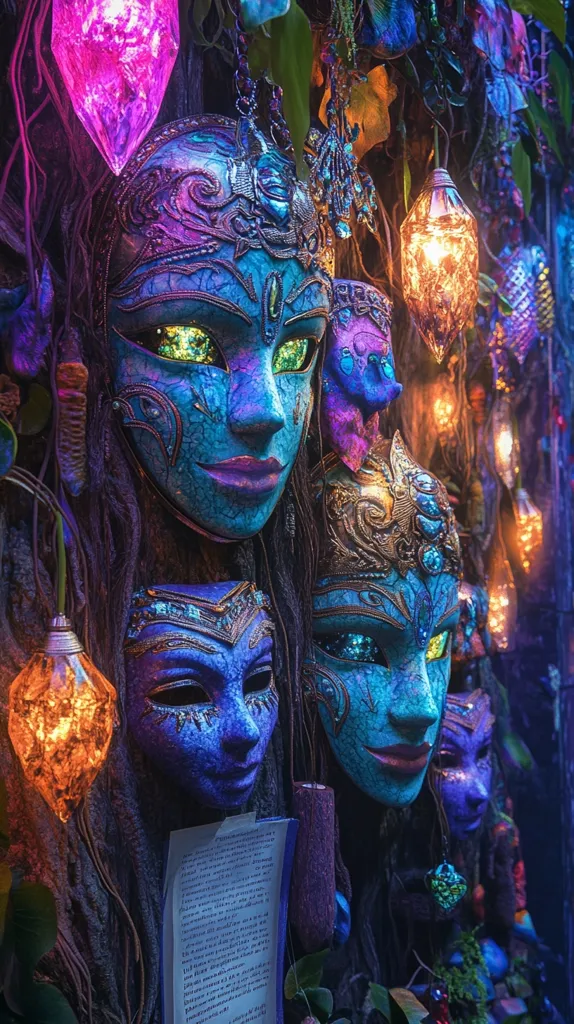 The image showcases a mystical scene with three ornate masks hanging on a tree trunk adorned with vines and glowing crystals. The masks have an ethereal, otherworldly quality, featuring intricate details and vibrant blue and purple hues. The surrounding foliage adds to the enchanting atmosphere, creating a sense of mystery and wonder. The warm glow of the crystals illuminates the scene, casting long shadows and highlighting the masks' intricate details. The image is a captivating blend of fantasy and artistry, evoking a sense of ancient magic and forgotten lore.