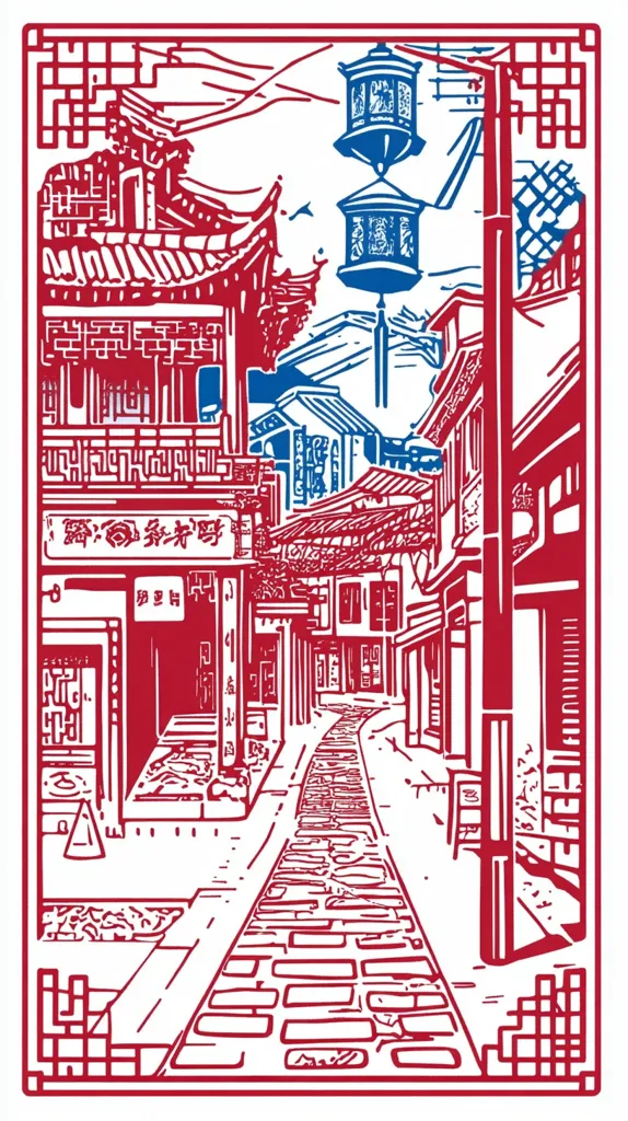 The image is a red and blue illustration of a street scene in China. The street is lined with traditional buildings and shops. A lamp post with two blue lanterns stands at the center. The street is cobbled and leads to a distant point. The illustration is in a woodcut style, with bold lines and simple shapes.