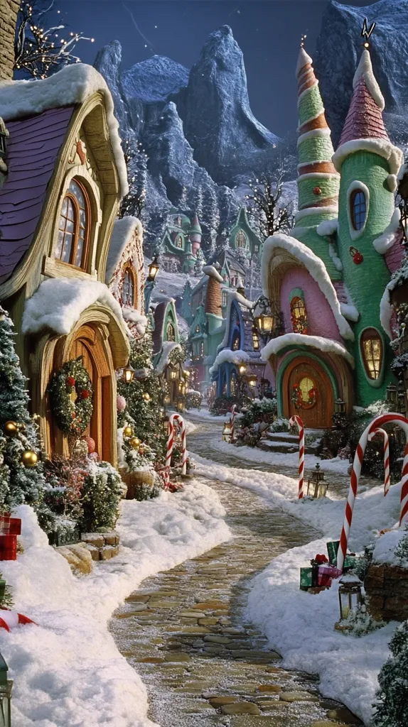 A whimsical Christmas village nestled amongst snow-capped mountains. The charming houses are decorated with candy canes and wreaths, their windows glowing with warm light. A cobblestone path winds through the village, inviting visitors to explore this magical winter wonderland.  The scene evokes a sense of festive cheer and wonder.
