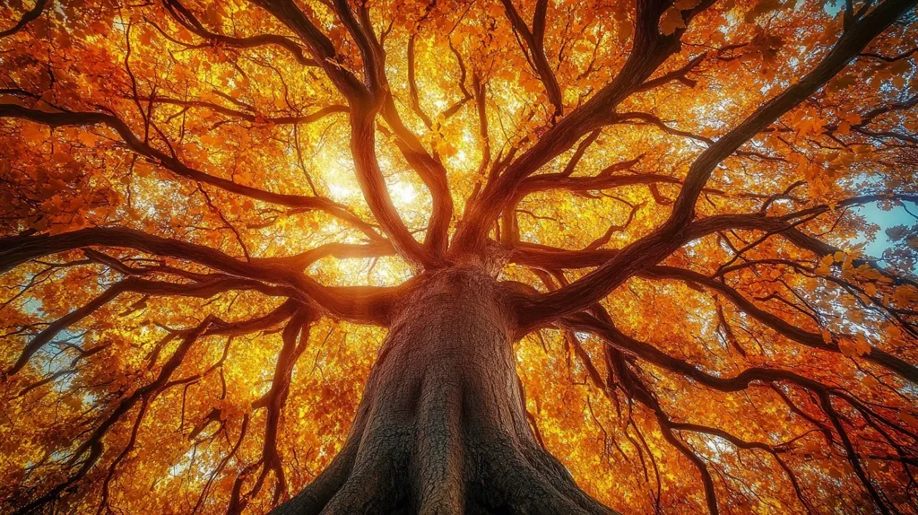 The image shows a large tree with a thick trunk and many branches, viewed from below. The tree is ablaze with vibrant autumn colors, creating a canopy of golden hues. Sunlight filters through the leaves, casting a warm glow on the scene. The branches reach up towards the sky, creating a sense of awe and wonder. The image captures the beauty and majesty of nature in the changing season.