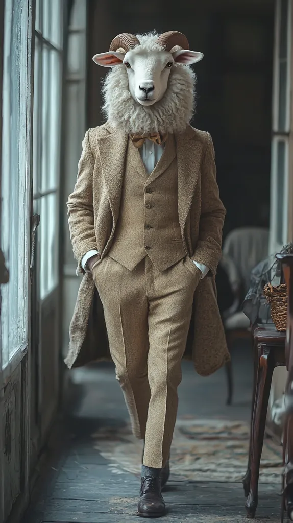 A sheep wearing a brown suit and a bow tie stands in a room with a window and a wooden table behind it. The sheep is looking straight ahead, its hooves are not visible. The light in the room is dim, creating a shadowy atmosphere. The sheep’s attire is formal and incongruous, creating a surreal and humorous image.