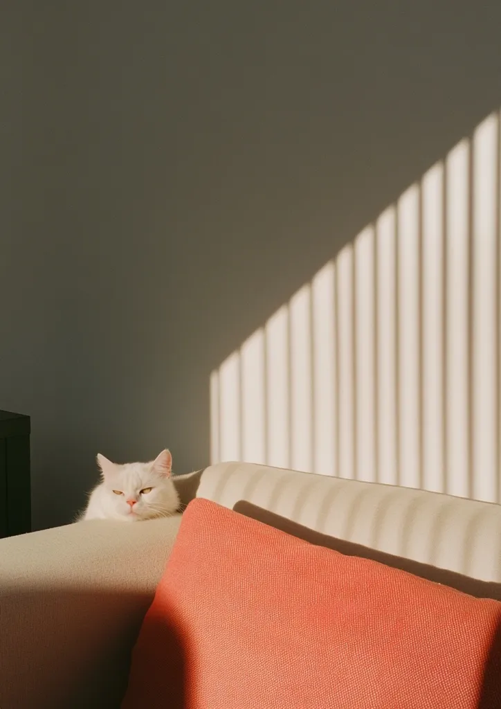 A white cat with green eyes is lying on a cream-colored couch. The cat is facing the camera and has its head resting on the back of the couch. There is a large, red throw pillow behind the cat. The couch is in front of a window with blinds that are casting stripes of light onto the couch. The background is a plain white wall. The scene is a simple and peaceful one, capturing a moment of domestic tranquility.