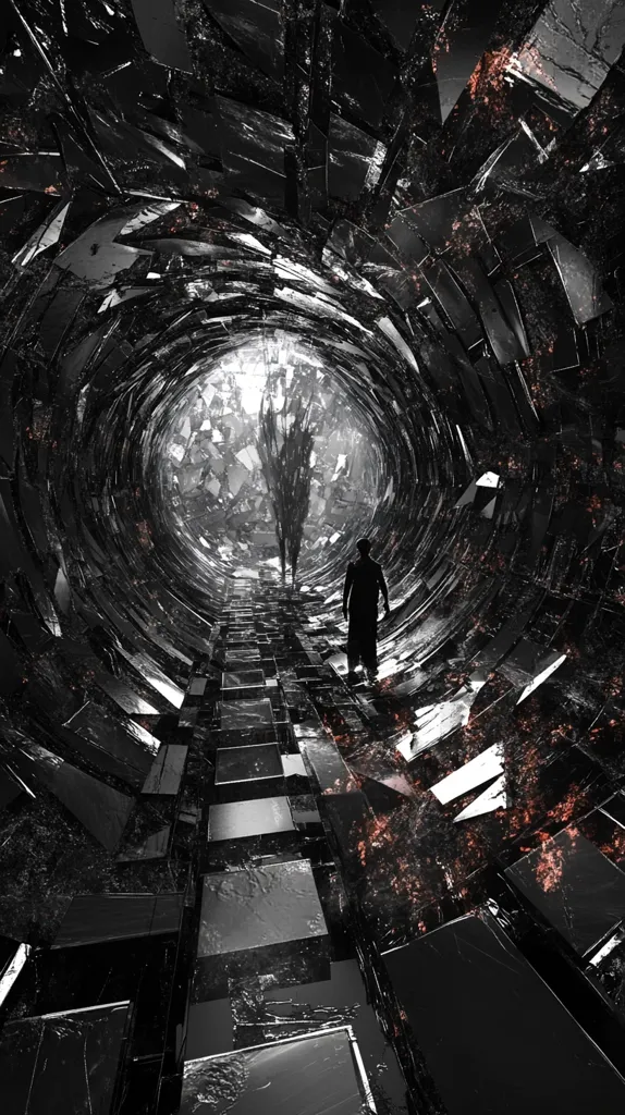 The image shows a person walking down a tunnel composed of black and silver tiles. The tunnel is spiraling upwards and leads towards a light at the top. The tiles are arranged in a grid pattern, creating a sense of depth and perspective. The light at the top casts a faint glow on the walls of the tunnel. The overall atmosphere is dark and mysterious. The image is likely a digital artwork or a photograph of a set.