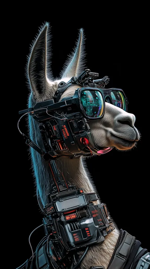 A llama with a futuristic, cybernetic helmet and goggles, its features are highlighted by glowing red lights and intricate wiring. The llama's soft fur contrasts with the sharp edges of the technology, creating a unique and humorous image.