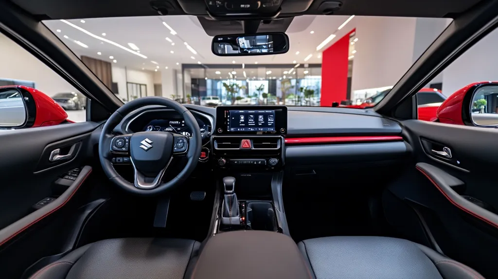 The image shows the interior of a car, with a black leather steering wheel, a large infotainment screen, black leather seats, and a black leather dashboard. The car's interior is sleek and modern, with red accents on the dashboard and seats. The image is taken from the driver's seat, looking towards the front of the car.