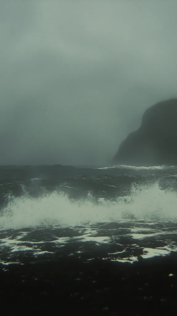 A dark and stormy seascape. The sky is a cloudy grey, and the water is churning and frothy. A rocky headland looms in the distance, obscured by mist. The image is a study in shades of grey and white, with the light of the sky reflected in the water.