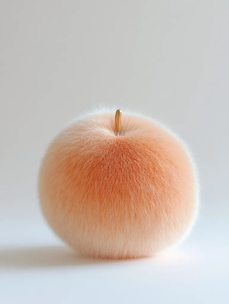 A soft, peach-colored, furry object with a gold stem sits on a plain white surface. It resembles a fuzzy apple with a delicate texture. The object is lit from above, highlighting its fluffy form and creating a gentle shadow beneath.  The overall image conveys a sense of playfulness and whimsy.