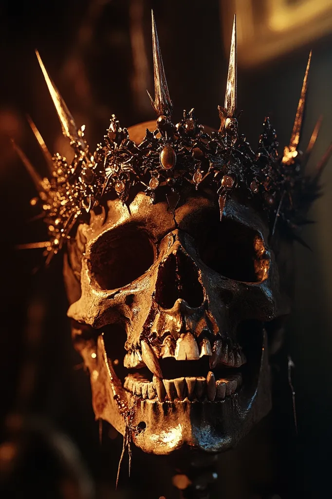 A human skull, adorned with a crown of intricate black metal and sharp points, sits in the darkness. The crown's sharp points protrude menacingly, while the skull's open jaw reveals a set of glistening teeth, some of which are unusually long and pointed. The warm glow of an unseen light illuminates the scene, creating a dramatic contrast. The image evokes a sense of power, darkness, and perhaps even a hint of the macabre.