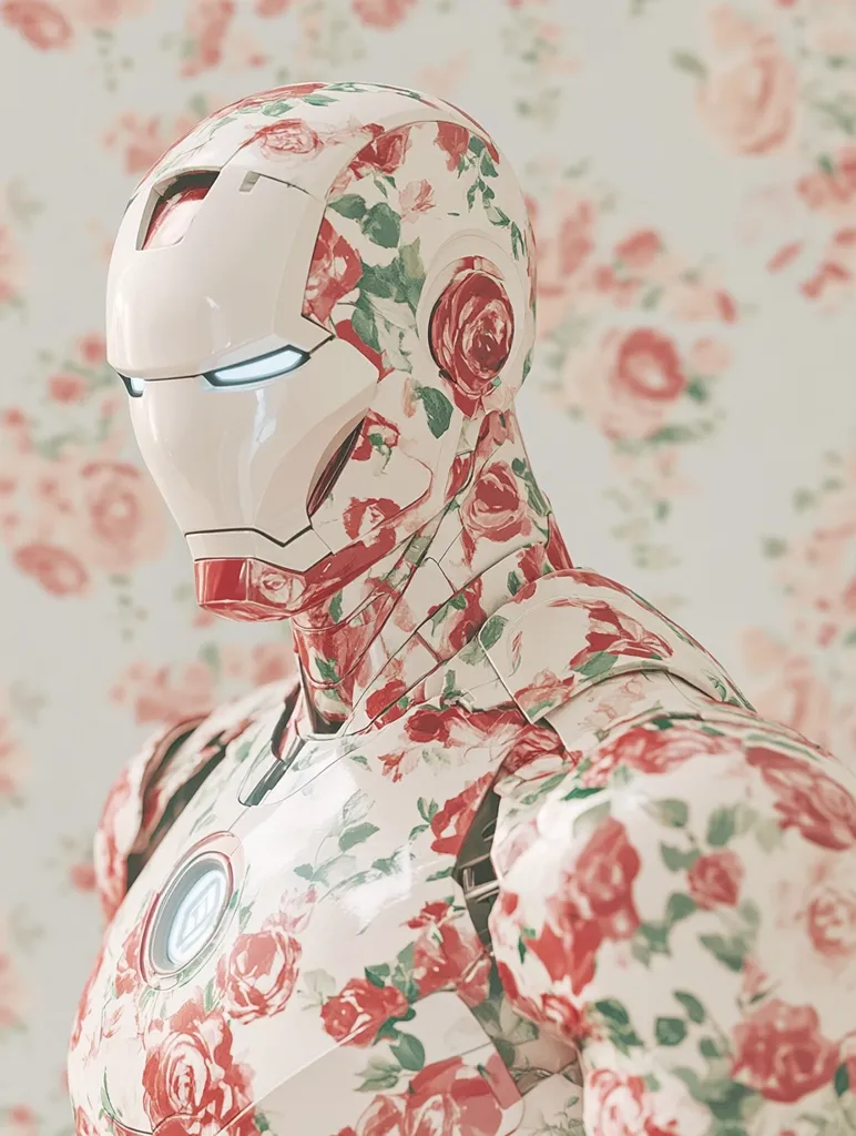 A robot, likely Iron Man, is depicted in a close-up shot. Its body is covered in a pink and green floral pattern, creating a visually striking contrast. The background is a blurry floral pattern, further enhancing the robot's unique aesthetic. The robot's expression is unreadable, adding to the mysterious and somewhat unsettling nature of the image.