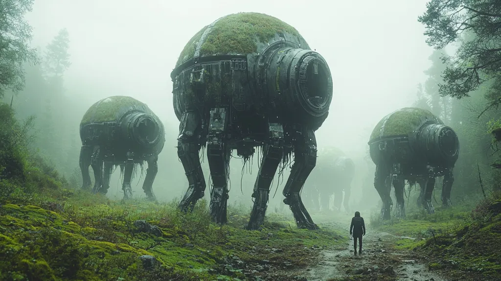 A lone figure stands on a path in a foggy forest, looking up at three large, metallic, spherical machines. They are covered in moss and have multiple legs. The scene is eerie and mysterious, as if the machines are from another time or world. The forest is lush and green, with a thick layer of fog obscuring the surroundings. The image creates a sense of wonder and unease.