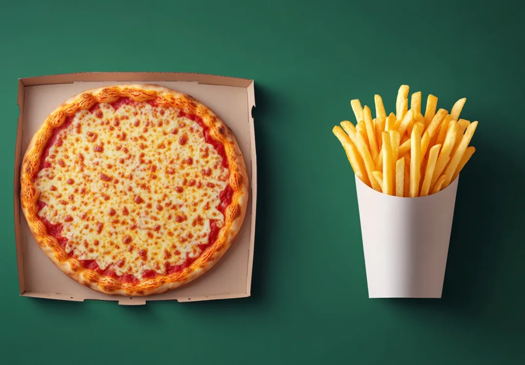 A pizza with melted cheese and tomato sauce in a cardboard box is on the left side of the image. A cone of golden French fries sits on the right, both against a green background. The image is a simple, clean composition that highlights the classic American food pairing.