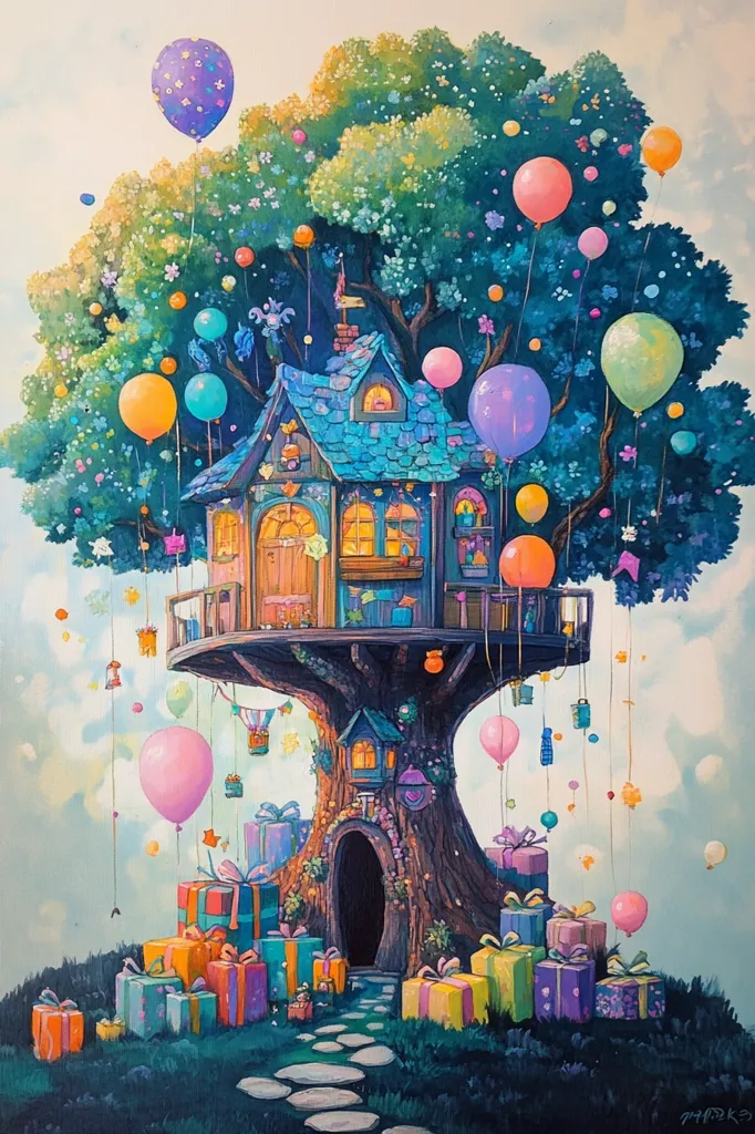 A whimsical treehouse is adorned with colorful balloons and presents. The treehouse has a blue roof, a small door, and windows with glowing light. The surrounding tree is lush and green, with vines and flowers hanging down. There is a stone path leading to the treehouse, and a small door is visible at the base of the tree. The overall tone is celebratory and magical, with a dreamy and whimsical feel.