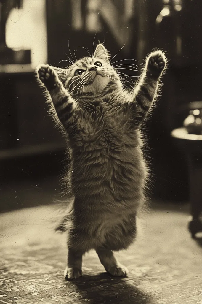 A black and white photo of a kitten standing on its hind legs with its front paws raised in the air. The kitten is looking upwards with a curious expression. The background is blurred and out of focus, highlighting the kitten as the main subject.  The photo captures the kitten's playful and curious nature.