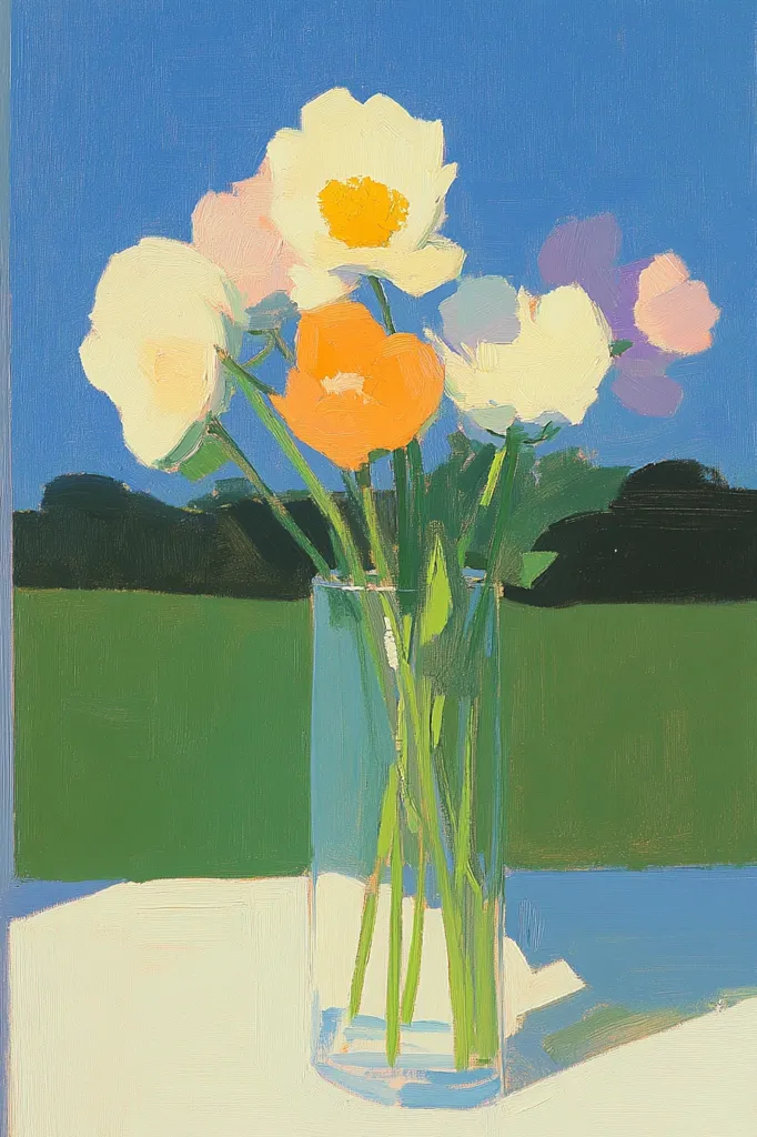 A still life painting depicts a bouquet of flowers in a clear glass vase. The flowers are primarily white and orange, with a hint of pink and purple. The background is a simple blue sky and green field, creating a contrast with the vibrant colors of the flowers. The painting is characterized by a loose and expressive brushstroke, conveying a sense of simplicity and freshness.