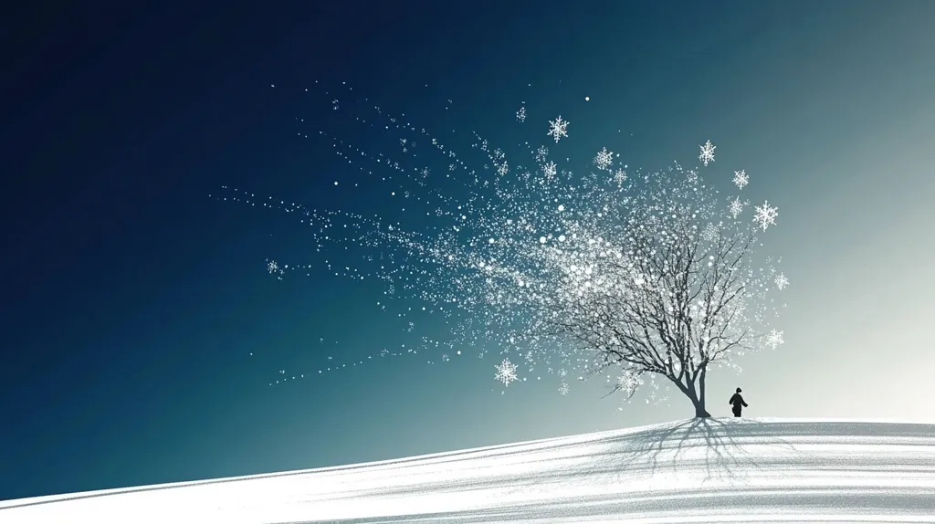 A lone figure stands in a snowy landscape, gazing at a bare tree adorned with snowflakes. The sky is a gradient of blue and white, with snowflakes swirling around the tree. The scene evokes a sense of serenity and winter solitude.