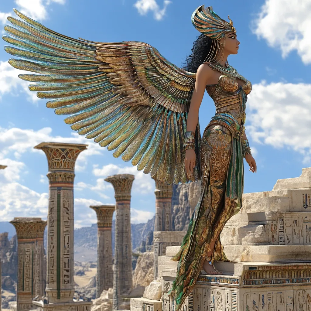 A woman with golden wings and intricate clothing stands on a platform in front of ancient Egyptian pillars. The sky is blue with fluffy white clouds. She is gazing to the right, her expression determined. Her wings are spread, suggesting power and authority. The scene evokes a sense of mystery and grandeur.  The image is likely a depiction of an Egyptian goddess.