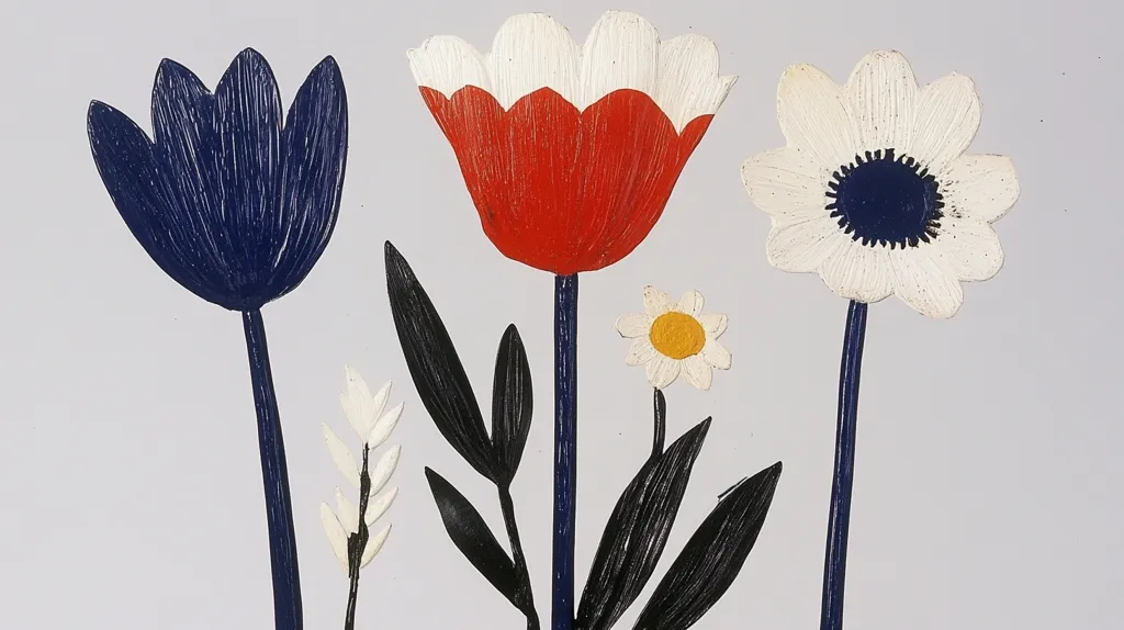 The image depicts a stylized floral arrangement featuring three prominent flowers. A navy blue tulip stands to the left, while a red tulip with white edging stands in the center.  On the right, a white flower with a dark blue center takes center stage.  Smaller white flowers and black leaves complete the composition. The flowers appear to be painted on a flat surface, creating a simplistic yet charming design.