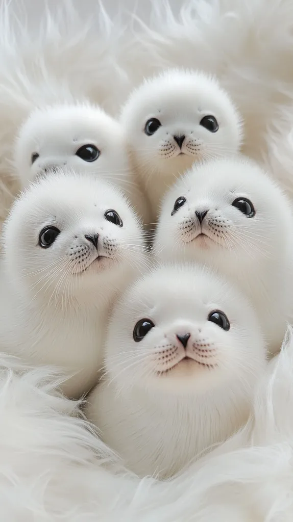 Five fluffy white seal pups with large black eyes are huddled together on a white fluffy surface. They look very cute and cuddly, with their big eyes looking directly at the camera. The seal pups are all very soft and white, with a few black spots on their noses. The image is very close-up, so it is hard to tell what kind of surface they are on, but it looks like a thick carpet or rug.  The image is captured at a slightly elevated angle, making the seal pups look even more adorable.  It is a very heartwarming and adorable image.