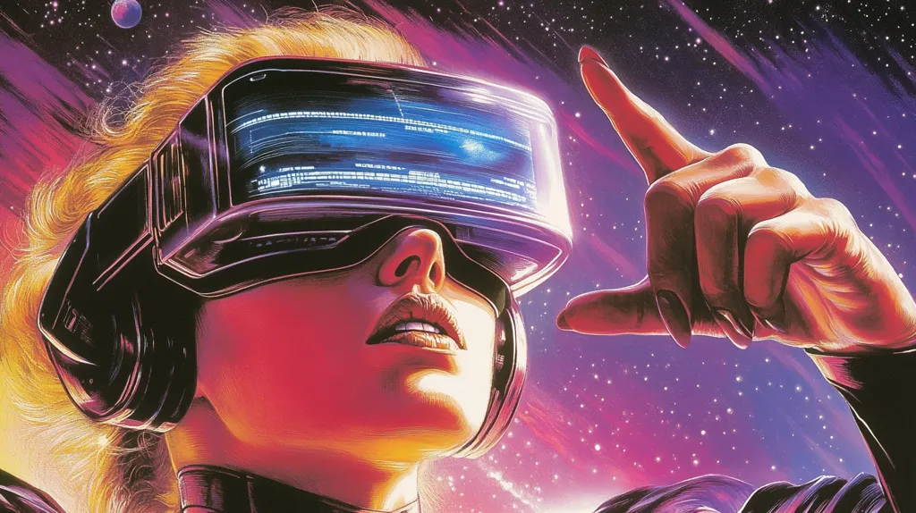 The image is a futuristic illustration of a woman wearing a large, clunky headset that covers her eyes. Her right hand is extended outward, pointing towards a starry sky. The image is set against a backdrop of vibrant purple and pink hues. The woman's expression is one of curiosity and wonder, suggesting that she is exploring a virtual reality environment. The overall feeling is one of awe and technological advancement.