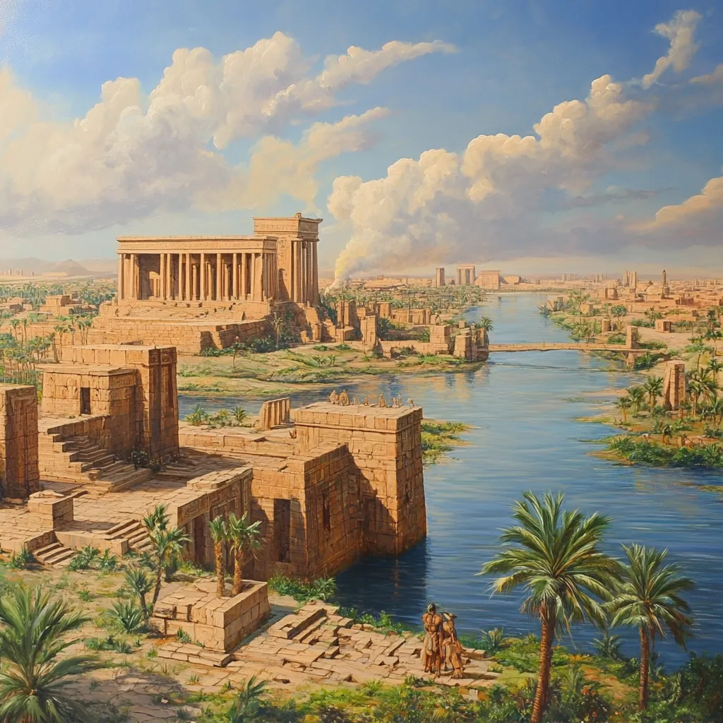 A panoramic view of an ancient Egyptian city, showcasing a grand temple complex nestled along a meandering river. The city is sprawling, with numerous buildings and structures visible on both sides of the river. The sky is a vibrant blue with puffy white clouds. The scene is bathed in warm sunlight, casting long shadows on the stone and creating a sense of timelessness. Palm trees and lush vegetation add vibrancy to the landscape. In the foreground, a group of figures walks along a pathway leading to the river, offering a glimpse into the lives of the people who once inhabited this magnificent city.
