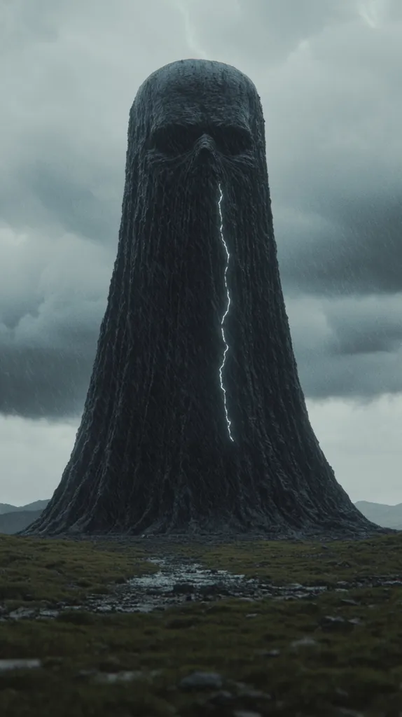 A towering, ominous, black, tree-like structure stands against a grey sky. A thin crack runs down its center, with a streak of bright light inside. The ground around it is a lush green with a small stream running through it. The scene evokes a sense of mystery and foreboding.