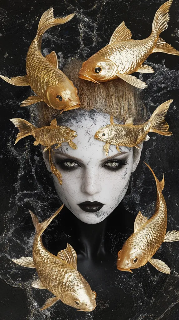 A woman with white face paint and dark makeup has five golden fish placed on her head and body. The fish are in various positions and seem to be swimming on her face. The background is a black and white marbled pattern. The image is striking and surreal.