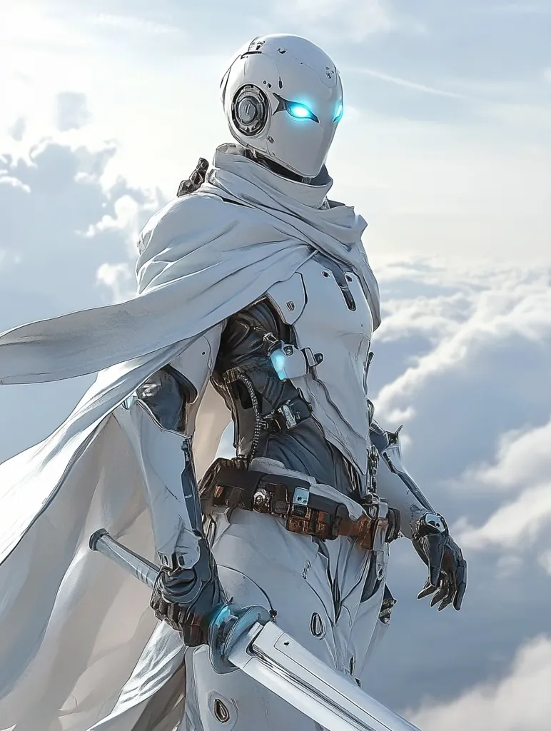 A futuristic robot warrior stands in front of a cloudy sky. Dressed in white armor and a flowing cloak, the robot has glowing blue eyes and is holding a silver sword. The scene evokes a sense of mystery and action, suggesting a battle or a mission.  The robot's white armor blends seamlessly with the clouds, creating a visually striking contrast.  The details on the robot's design and the sharp lines of the sword add to the futuristic feel. The overall composition emphasizes the robot's power and presence.