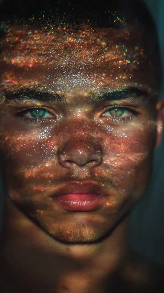 A close-up shot of a young man's face. The man is looking directly at the camera with a neutral expression. His skin is covered in a shimmering, iridescent pattern, creating a dreamy, ethereal effect. The light catches the glitter, highlighting the texture of his skin and making him look almost otherworldly. The man's hair is dark and his features are sharp, creating a striking contrast to the soft glow of the glitter. The overall effect is one of beauty and intrigue, as if the man is a character from a fantasy story.