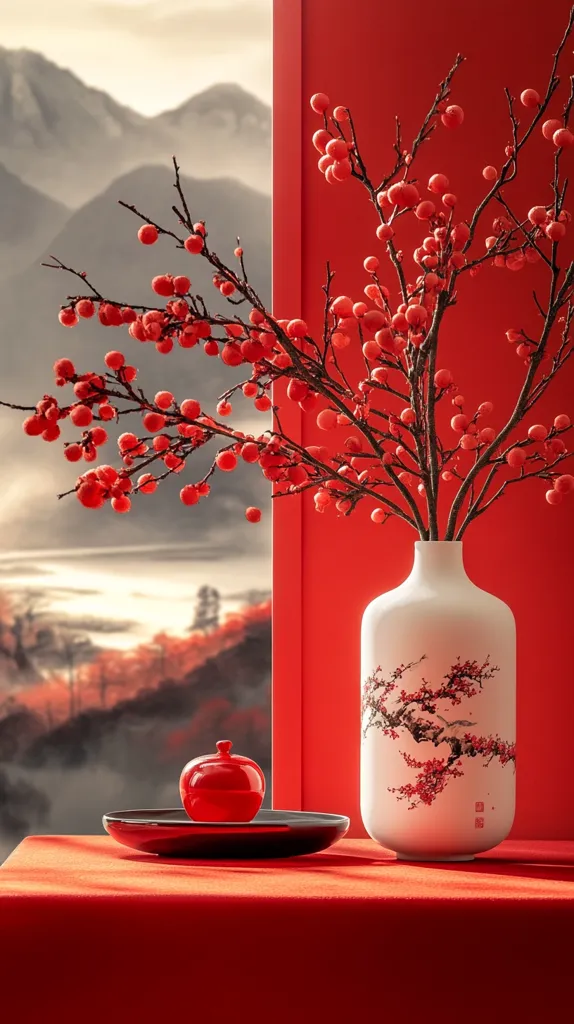 A white vase with a delicate cherry blossom design sits on a red table, filled with a bright red branch of berries. The vase stands against a vibrant red wall, with a window overlooking a misty mountain landscape.  A small red ornament rests on a black tray in front of the vase. The scene is a study in warm, rich tones and delicate detail.