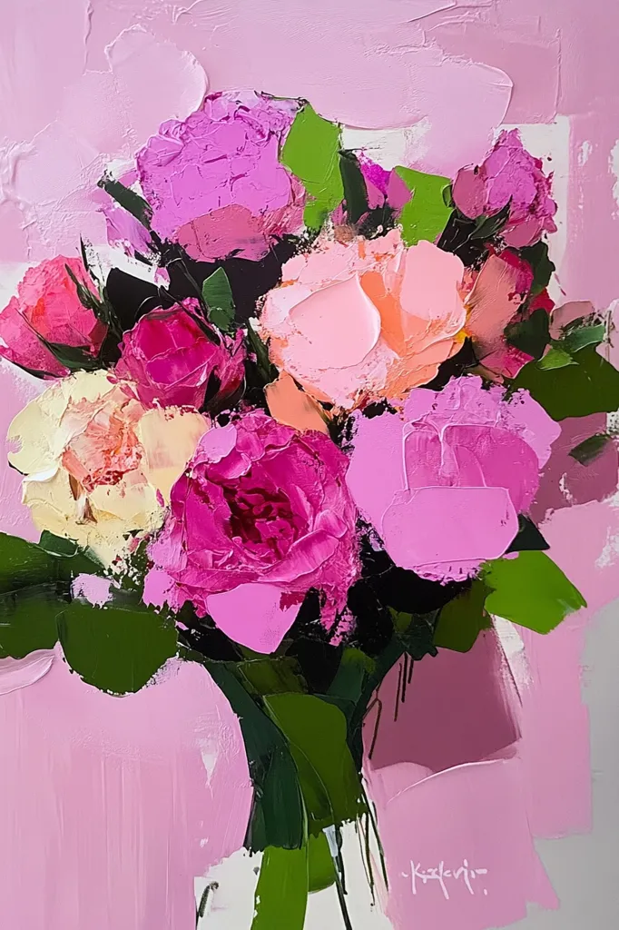The painting depicts a bouquet of pink, white, and peach flowers in a vase. The artist has used thick brushstrokes and a vibrant color palette to create a textured and expressive piece. The flowers are arranged in a loose and informal way, giving the painting a sense of movement and energy. The background is a soft pink, which helps to highlight the flowers and their delicate beauty.