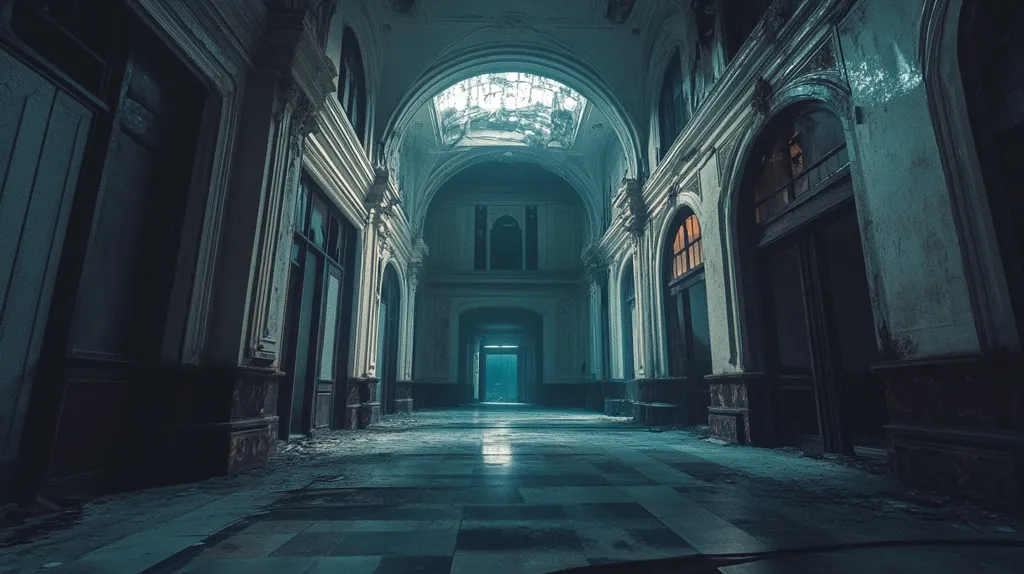 The image shows a long, dark hallway in a derelict building. The walls are adorned with ornate moldings and arches, suggesting a grand past. Sunlight streams in from a broken skylight, illuminating dust motes dancing in the air. The hallway is deserted and the silence is broken only by the echo of footsteps.