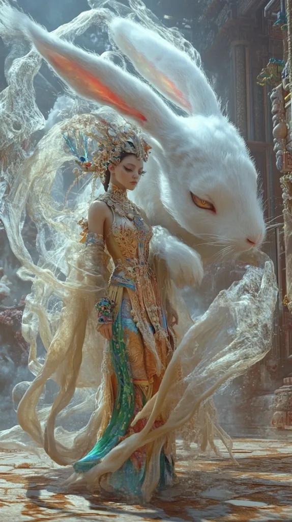 A woman with long flowing hair, dressed in a gold and green gown stands in front of a large, white, furry creature. The creature’s head is tilted, and it appears to be a rabbit. The woman’s dress is adorned with gold jewelry. The background of the image is a blurry, abstract, and muted orange and gray.  The woman’s expression is soft, and she appears to be looking at the rabbit with affection.  The scene is filled with an ethereal light, and the woman and the rabbit are both illuminated.  The image is suggestive of a fairytale or a fantasy world.  The woman is surrounded by white fabrics that are swirling around her.