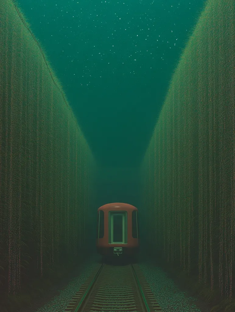 A single train car sits on tracks in the middle of a tunnel formed by two walls of green, vine-like plants. The tunnel appears to extend upwards to a dark green sky dotted with white stars. The train car has a red body with a single door and a window. The overall feeling is one of mystery and isolation.