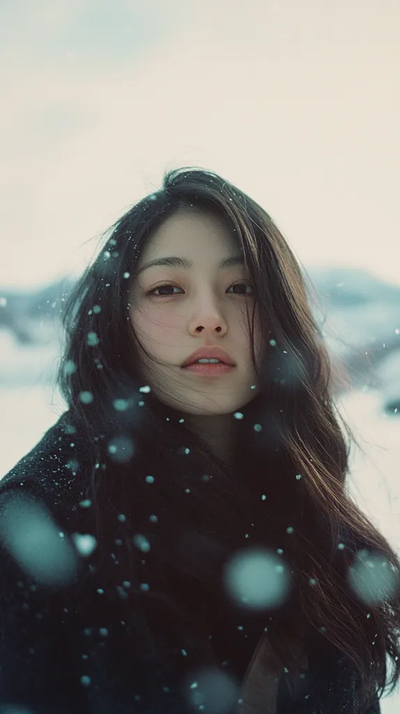 A young woman with long dark hair stands in a snowy landscape. Her face is illuminated by the falling snow, and her eyes are focused on the camera. The image has a soft, ethereal quality, creating a sense of beauty and serenity. The snowfall adds a layer of mystery and intrigue to the scene. The woman's expression is gentle and calm, suggesting a quiet strength and inner peace.