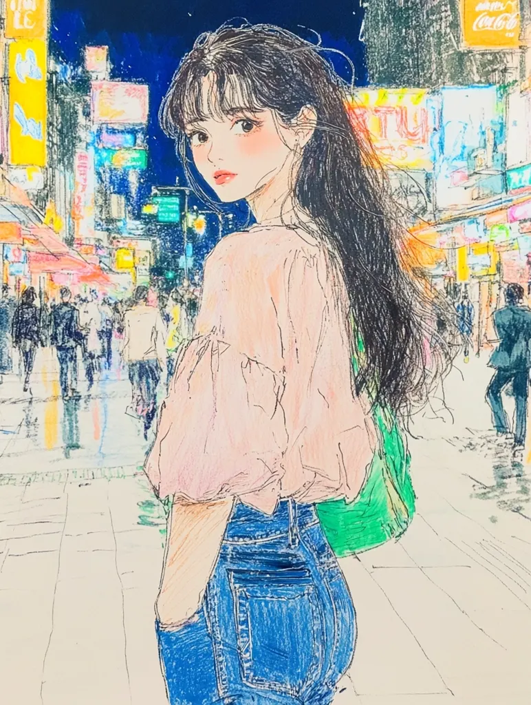 A young woman with long black hair walks through a bustling city street at night. Her back is to the viewer, and she wears a pale pink shirt and blue jeans. The scene is depicted in a loose, colorful style, with glowing neon signs and a blurred background of people.  The woman's expression is not visible, but she appears to be lost in thought as she walks along.  The image creates a sense of movement and energy.