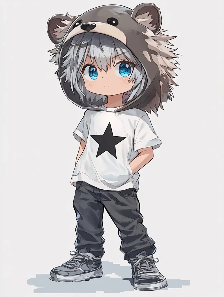 A young child with white hair and blue eyes is wearing a white t-shirt with a black star, gray pants, and a furry gray hooded jacket with bear ears. The child is standing with one hand in a pocket and the other hanging loosely by their side. The child is looking down with a slightly serious expression. The background is a simple white. The child is drawn in an anime style.