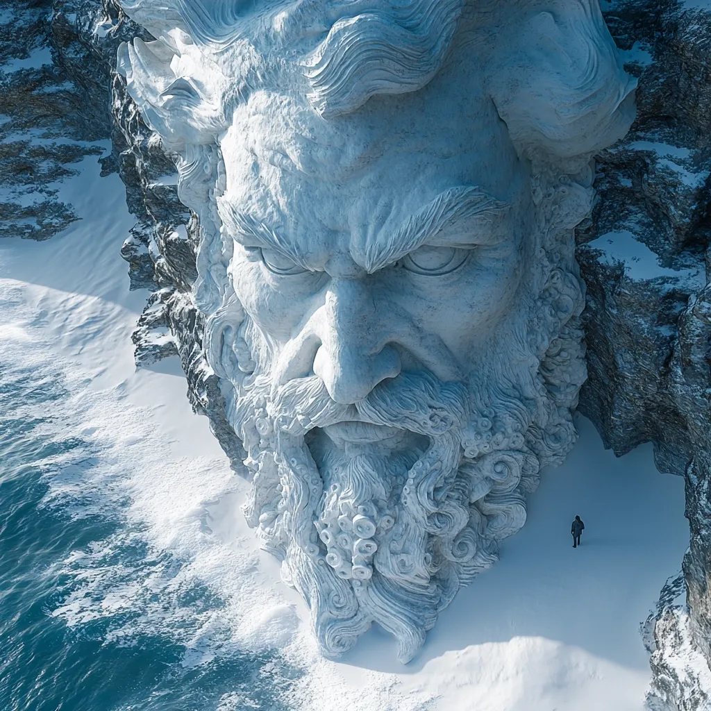 A colossal, ice-carved head of a bearded man emerges from a snowy cliff face, overlooking a vast icy expanse. The head is partially obscured by the cliff, creating a sense of grandeur and mystery. The figure's intense gaze and thick beard seem to command the frozen landscape. A lone figure stands in the foreground, dwarfed by the sheer size of the sculpture, highlighting the scale of the artwork. The image evokes a sense of awe and wonder, suggesting a powerful and ancient presence within this icy realm.