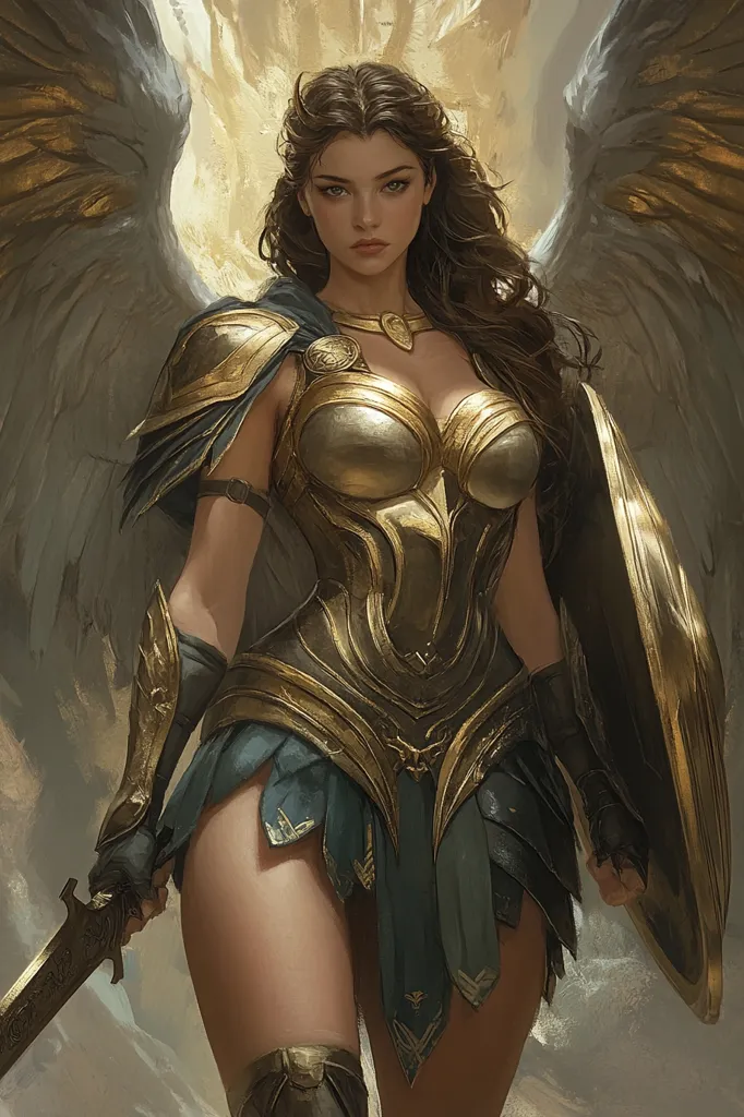 The image depicts a female warrior, clad in golden armor and a blue skirt. She has long brown hair, piercing blue eyes, and appears to be holding a sword in her right hand and a shield in her left.  She wears a decorative neckpiece and is adorned with feathered wings, suggesting angelic or divine origins.  The background features an ethereal, blurred landscape with golden tones. The overall image conveys strength, determination, and a sense of divine power.