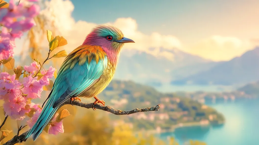 A vibrant, multi-colored bird with a long, turquoise tail perches on a thin branch. Its plumage is a stunning blend of pink, yellow, blue and green, reflecting the colors of the soft, sunlit sky behind it. Delicate pink blossoms of a cherry tree frame the bird, creating a backdrop of natural beauty. The image captures the serenity of nature and the beauty of a single moment in time.