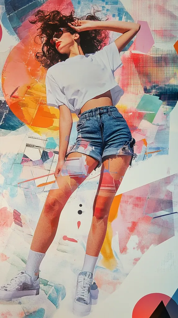 The image depicts a young woman in a white t-shirt and denim shorts, standing on a vibrant abstract background. The woman has her arm raised above her head, sunglasses resting on top. The background features a mix of geometric shapes and watercolors, creating a dynamic and playful atmosphere. The overall image has a modern and artistic feel.