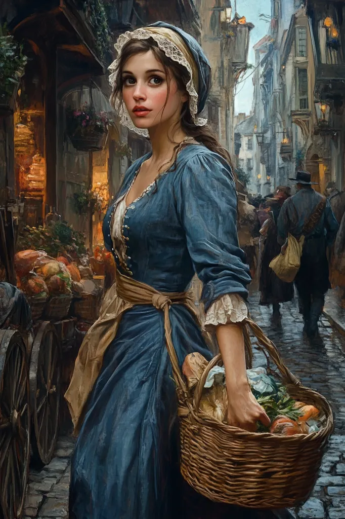 A young woman in a blue dress and white lace cap walks through a cobbled street, carrying a basket of fresh produce. The street is lined with old buildings and the scene is illuminated by the warm glow of street lamps. The woman appears to be on her way home from the market, her basket laden with the bounty of the day.  The painting evokes a sense of tranquility and captures the beauty of a simple moment in everyday life.