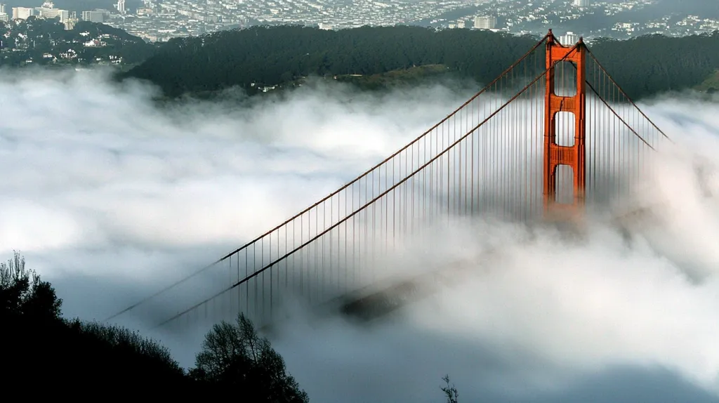 The Golden Gate Bridge in San Francisco is shrouded in fog.  The iconic red towers of the bridge are barely visible, disappearing into the thick, white clouds.  The surrounding cityscape is also obscured by the fog.  A glimpse of the bridge's steel cables is visible in the foreground, and there is a silhouette of trees at the bottom of the frame.  The fog creates a dramatic and mysterious atmosphere, emphasizing the bridge's iconic status.