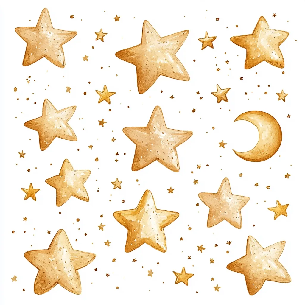 A watercolor illustration of a crescent moon and many stars, all in shades of gold. Small gold dots create a twinkling effect on the white background. The illustration has a whimsical and dreamy feel.